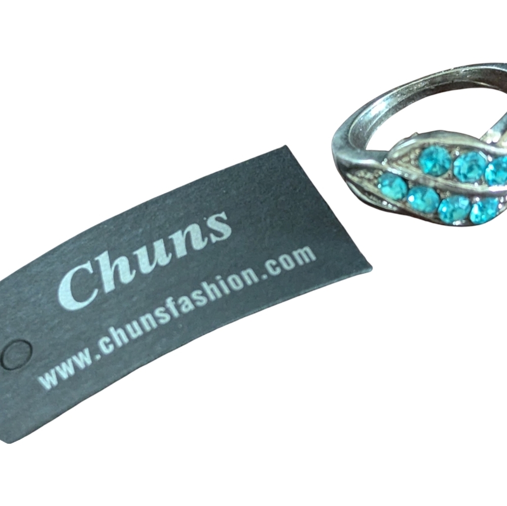 New Chuns Silver Tone Ring Teal Blue Stones Jewels Artistic Design 6 1/2 Elegant